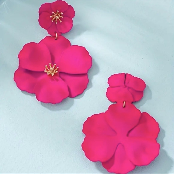 Rose Pinkish Red, Double Flower Dangle, Gold Center, Boho, Vacation Earrings - Picture 2 of 8